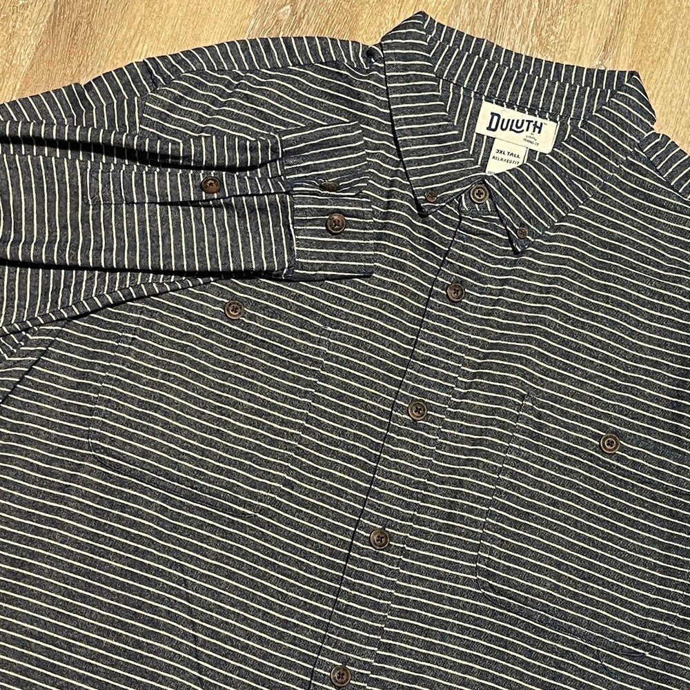 Duluth Trading Co 3XL Tall Relaxed Fit Navy Stripe Button Down Flannel Shirt EUC